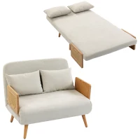 HOMCOM Klappbares 2‑Sitzer‑Sofa, 3‑in‑1 Chenille 103cm, verstellbare Rückenlehne, 2 Kissen, Holzarmlehnen, Creme(m-8)