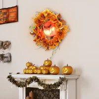 Outsunny Halloween-Kranz, Grusel-Kürbis-Design, Herbstblätter, Lichteffekte, Kunststoff(m-10)