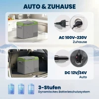 Outsunny 24,2 liter campingkoelkast, autokoelkast, koelbox met LED-licht, AC- en DC-adapter, stille werking, Grijs+Groen(m-7)