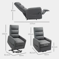HOMCOM Elektrische Relaxstoel met Opstaanhulp, Afstandsbediening, Zacht Schuim, Zijvak, Bekleding in Linnenlook, Grijs(m-3)