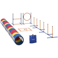 PawHut Agility-Ausrüstung für Hunde 12-teilig, 4 Tunnel, verstellbare Sprünge, Ring, Slalom, 357x65x68cm, mehrfarbig(m-8)