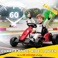 AIYAPLAY 24V Electric Go Kart, Drift Kart with Adjustable Seat, Slow Start, 5-Point Harness, Music, for 6-12 Years, Red(m-5)