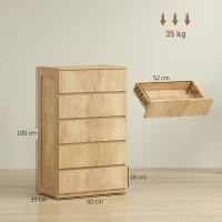 HOMCOM Cómoda 5 Cajones para Dormitorio Moderna Diseño sin Tiradores para Comedor Entrada 60x39x100 cm Madera Natural(m-3)