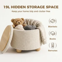 HOMCOM Opbergpoef, Ronde Zithocker met Deksel, Linnenlook voor Woonkamer, Slaapkamer, 38,5x38,5x33,5 cm Beige(m-5)