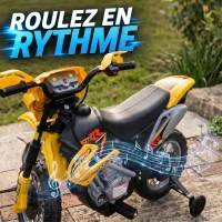 HOMCOM Moto électrique enfants, moto cross pour enfants avec batterie 6 V, phares, musiques et roues d'entraînement, 3 à 6 ans, charge 25KG, jaune et noir(m-7)