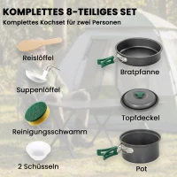 Outsunny Camping Kookset 8-delige Outdoor Servies Set met Anti-verbrandingsgrepen, snel verwarmende pan, koekenpan Grijs(m-4)