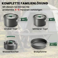 Outsunny Camping kookset 5-delig outdoor serviesset met anti-verbrandingsgrepen pan koekenpan voor 4-5 personen grijs(m-4)