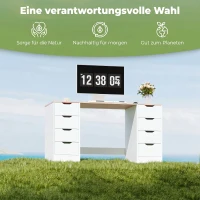 HOMCOM 140 cm Computertisch, 8 Schubladen, Schreibtisch für Homeoffice, Schlafzimmer, Stahl, Holz, Weiß(m-7)