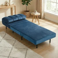 HOMCOM Poltrona Letto Singolo 3 in 1 Effetto Velluto Blu con Struttura in Legno e Metallo, 88x92x88 cm(m-10)
