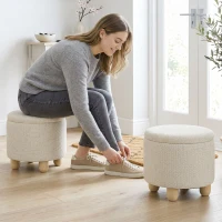 HOMCOM Opbergpoef, Ronde Zithocker met Deksel, Linnenlook voor Woonkamer, Slaapkamer, 38,5x38,5x33,5 cm Beige(m-8)