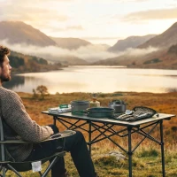 Outsunny Camping Kookset 8-delige Outdoor Servies Set met Anti-verbrandingsgrepen, snel verwarmende pan, koekenpan Grijs(m-9)