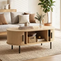 HOMCOM Mesa de Centro con Puertas de Tambor Deslizantes Mesa de Café Ovalada con Almacenamiento Oculto 100x55x40 cm Natural(m-9)