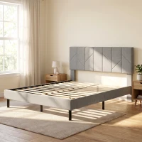 HOMCOM Cadre de Lit 140 x 190 cm avec Sommier et Tête Réglable, Lit Double Rembourré en Lin, Rangement au-dessous, Gris(m-2)