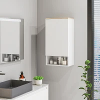 HOMCOM Wandmontierter Badezimmerschrank, Wandschrank für Badezimmer mit verstellbaren Ablagen, offenem Fach, Holz, Weiß(m-11)