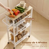 HOMCOM Carrito Auxiliar con Ruedas de 4 Niveles Carrito de Cocina con Toallero y 6 Ganchos para Comedor 50x20x81 cm Roble(m-5)