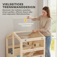 PawHut Hamsterkäfig aus Holz 3 Etagen Nagerkäfig Kleintierkäfig mit Hütten Wippen Rampen Wasserschalen 68x61,5x90 cm Naturholz(m-6)