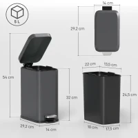 HOMCOM Metalen prullenbak, afvalbak, inhoud van 5 liter, met voetpedaal, met binnenemmer, grijs(m-3)