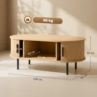 HOMCOM Mesa de Centro con Puertas de Tambor Deslizantes Mesa de Café Ovalada con Almacenamiento Oculto 100x55x40 cm Natural(m-3)