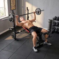HOMCOM Hantelbank ohne Gewichte, verstellbare Fitnessbank für zahlreiche Übungen,  Workout-Station, Stahl, Kunststoff, Schwarz+Rot(m-10)