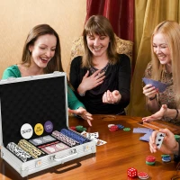SPORTNOW Pokerchips-set in koffer, met dobbelstenen, dealerbutton, 2 kaartspellen, zilverkleurig(m-8)
