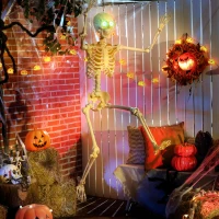 Outsunny Skelett-Figur, Halloween-Dekoration, bewegliche Arme und Beine, Geräusch-Aktivierung, leuchtende Augen, Batteriebetrieb, 152 cm, Metall, Kunststoff, Gelb(m-10)
