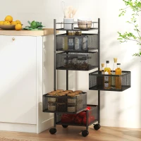 HOMCOM Küchenwagen, 5 drehbare Körbe, 4 Lenkrollen, Metallrahmen, Schwarz(m-10)