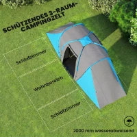 Outsunny Tunnelzelt, 2000mm Wasserabweisend Campingzelt für 4 Personen, mit 2 Schlafzimmern Wohnbereich Tragetasche Grau+Blau(m-4)