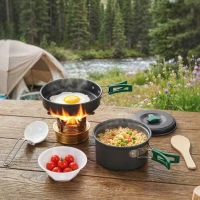 Outsunny Camping Kookset 8-delige Outdoor Servies Set met Anti-verbrandingsgrepen, snel verwarmende pan, koekenpan Grijs(m-2)
