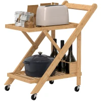 HOMCOM Keukentrolley op Wielen, Serveerwagen met 3 Wijnrekken, 2 Plateaus, voor Keuken, Eetkamer, Bamboehout, Lichtbruin(m-10)