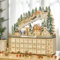 HOMCOM Adventskalender Weichnachtsdekoration Weihnachtsdeko, 24 Schubladen, LED-Lichter, 39 cm x 9 cm x 42 cm, Weiß + Grün(m-10)