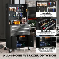 HOMCOM Werkzeugschrank Werkzeugkasten auf Rollen mit Lochplatte, 3 Schubladen für Garage und Werkstatt, Schwarz(m-4)