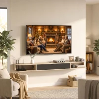 HOMCOM Wandhängendes TV‑Möbel, TV‑Möbel für Fernseher bis zu 190,5 cm, Klappschublade, 2 Regalböden 180x24x16cm natürliche Holzoptik(m-4)