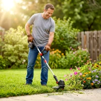 Outsunny Akku Rasentrimmer 2-in-1 Freischneider mit 30 cm Schnittbreite Verstellbar Griff neigbar Motorkopf für Garten Hof Silber(m-10)