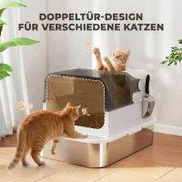 PawHut XXL kattenbak van roestvrij staal met deksel, 72 l, voor grote katten en meerdere katten, met dubbele deuren, schep, opstap en lekvrij ontwerp(m-7)