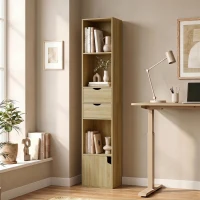 HOMCOM Regal mit 6 Fächern, Schublade, Tür, offene Regalböden, 30x24x158 cm, Eiche(m-2)