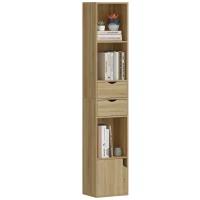 HOMCOM Regal mit 6 Fächern, Schublade, Tür, offene Regalböden, 30x24x158 cm, Eiche(m-8)