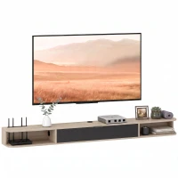 HOMCOM Wandhängendes TV‑Möbel, TV‑Möbel für Fernseher bis zu 190,5 cm, Klappschublade, 2 Regalböden 180x24x16cm natürliche Holzoptik(m-8)