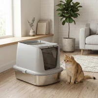 PawHut Roestvrijstalen kattenbak, gesloten met schep, geurzak, voor katten(m-8)