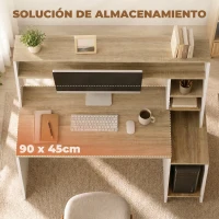HOMCOM Mesa de Ordenador con Estantes Escritorio con Estanterías Soporte para Monitor CPU 114x45x138 cm Blanco y Natural(m-5)