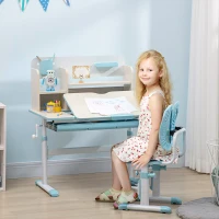 HOMCOM Kids Desk and Chair Set, with Storage Shelves, Washable Cover, for Ages 3-12 Years - Blue(m-2)