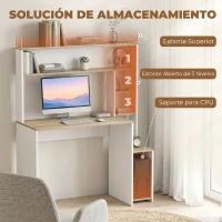HOMCOM Mesa de Ordenador con Estantes Escritorio con Estanterías Soporte para Monitor CPU 114x45x138 cm Blanco y Natural(m-4)