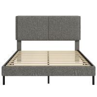 HOMCOM Bettrahmen 140 x 190 cm mit Lattenrost und verstellbarem Kopfteil, Gepolstertes Doppelbett mit Leinenbezug, Stauraum darunter, Grau