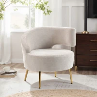 HOMCOM Loungefauteuil van chenille met schuine rugleuning en goudkleurige stalen poten voor woonkamer, crèmewit(m-2)