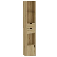 HOMCOM Regal mit 6 Fächern, Schublade, Tür, offene Regalböden, 30x24x158 cm, Eiche(m-1)