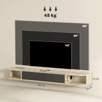 HOMCOM Hängendes TV-Möbel, TV-Möbel für Fernseher bis zu 152,4 cm (60 Zoll), Klappschublade 2 Ablagen 140x24x16cm Naturholz(m-3)