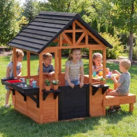 AIYAPLAY Cabane enfant extérieur en bois maison enfant extérieure table bancs évier porte fenêtre supports de fleurs marron(m-11)