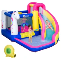 Outsunny Opblaasbaar springkasteel met glijbaan speelkasteel springkasteel met blazer voor 4 kinderen(m-12)