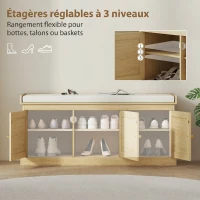 HOMCOM Banc chaussures entrée 9 paires, banc de rangement, 3 portes en rotin, coussin et étagère réglable, 105x35x47cm, chêne(m-7)