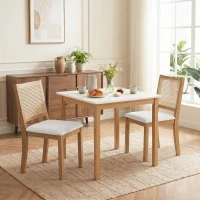 HOMCOM Lot de 2 chaises de salle à manger, chaises de cuisine avec assise rembourrée, dossier effet rotin, crème et chêne(m-8)