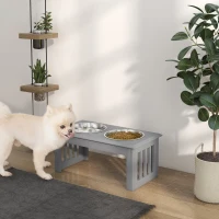 PawHut Honden Voederstation met 2 Roestvrijstalen Bakken, Antislip, 58,4x30,5x25,4cm, Grijs(m-2)